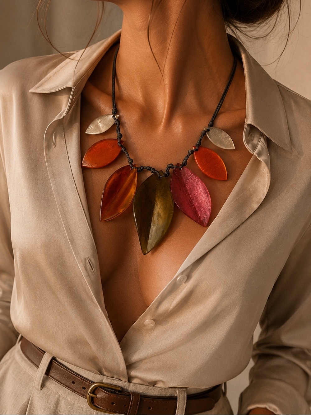 Multicolor Leaf Pendant Necklace in Orange, Pink, Brown - Women Jewelry